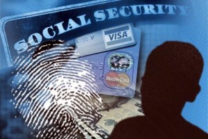 American identity theft concept showing a stolen Social Security card and ID under a dark patriotic theme, symbolizing an illegal immigrant using an American citizen’s identity.