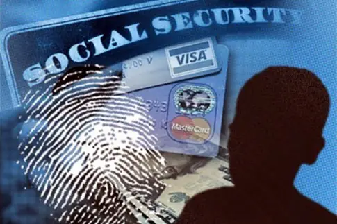American identity theft concept showing a stolen Social Security card and ID under a dark patriotic theme, symbolizing an illegal immigrant using an American citizen’s identity.