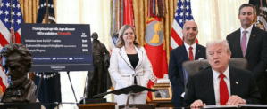President Donald Trump announces drug price reductions for Ozempic and Wegovy in the Oval Office alongside pharmaceutical executives and administration officials.