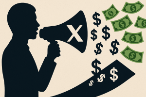 Silhouette of a social media influencer speaking through an X-branded megaphone with dollar signs and cash flowing out, symbolizing paid political messaging on the platform.