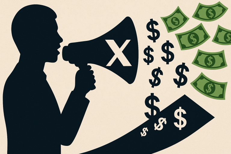 Silhouette of a social media influencer speaking through an X-branded megaphone with dollar signs and cash flowing out, symbolizing paid political messaging on the platform.