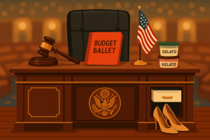 Satirical illustration of a presidential desk with a gavel, designer heels, a folder labeled “Budget Ballet,” and gelato pints in a drawer humorously representing Nancy Pelosi as president.