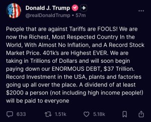 Screenshot of President Donald Trump’s Truth Social post announcing a possible two thousand dollar dividend from tariff revenue