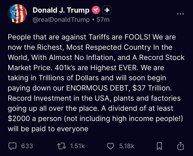Screenshot of President Donald Trump’s Truth Social post announcing a possible two thousand dollar dividend from tariff revenue