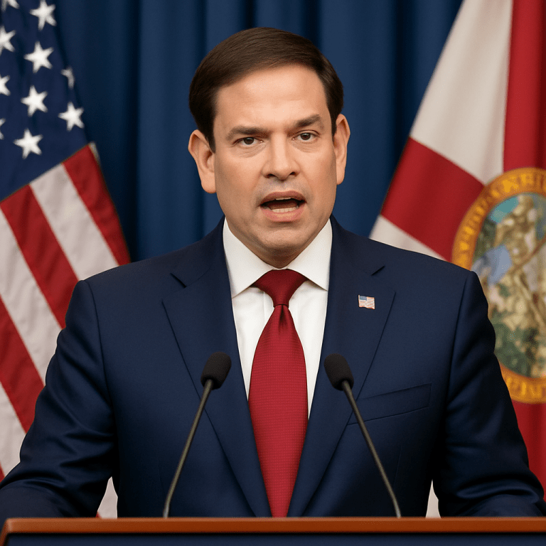 Marco Rubio speaking at a podium while pushing back against EU accusations over U.S. strikes on narco-terrorists.