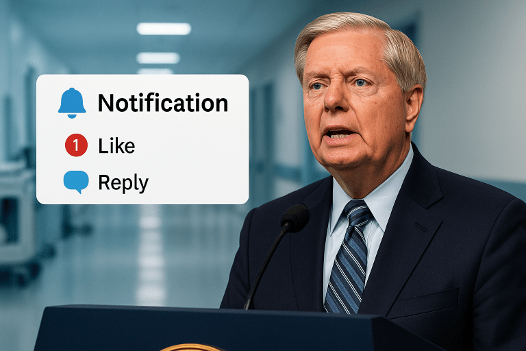 Lindsey Graham speaking at a podium with a blurred hospital hallway behind him and a social media notification overlay symbolizing political backlash.