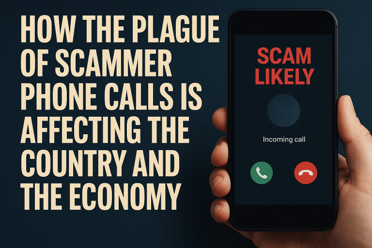 Smartphone displaying a “Scam Likely” incoming call warning next to headline about scam phone calls affecting the economy.