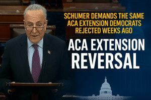 Senator Chuck Schumer speaking on the Senate floor with text overlay reading “ACA Extension Reversal” in a red, white, and blue political news graphic for SHR Media.