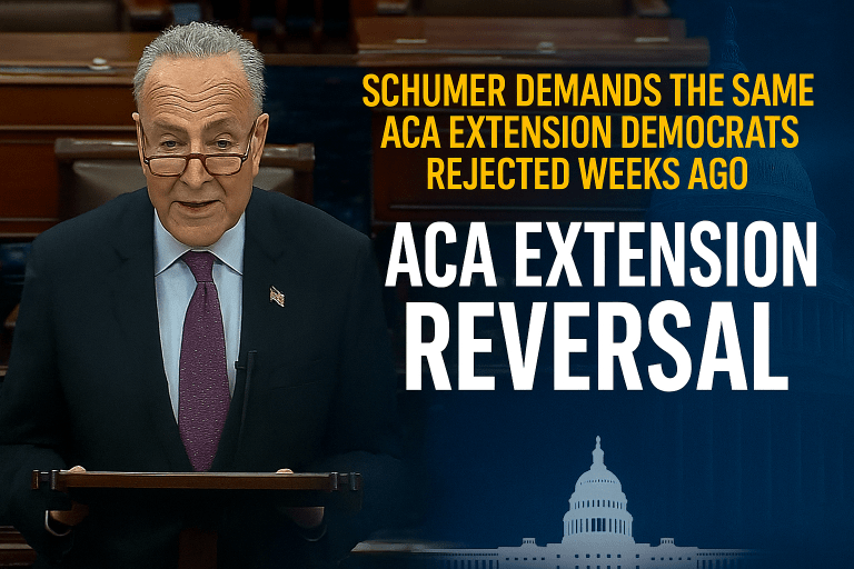 Senator Chuck Schumer speaking on the Senate floor with text overlay reading “ACA Extension Reversal” in a red, white, and blue political news graphic for SHR Media.