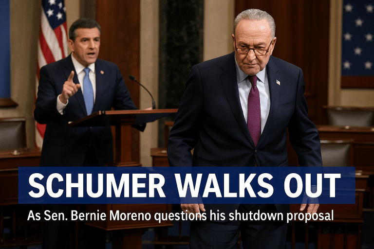 Senator Chuck Schumer walks off Senate floor as Senator Bernie Moreno questions him about his shutdown proposal