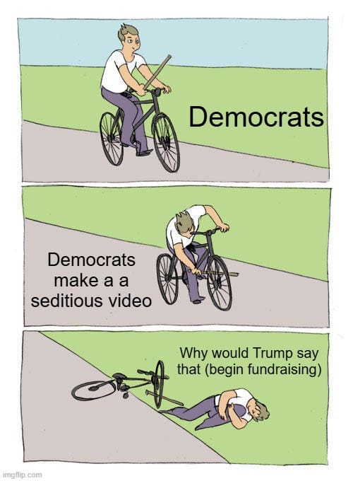 Meme showing a cyclist labeled “Democrats” causing their own crash after making a seditious video and then questioning why Trump responded, with a joke about fundraising.