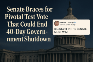 U.S. Capitol illuminated at night with headline text “Senate Braces for Pivotal Test Vote That Could End 40 Day Government Shutdown” and a Donald Trump X post saying “BIG NIGHT IN THE SENATE. MUST WIN!”
