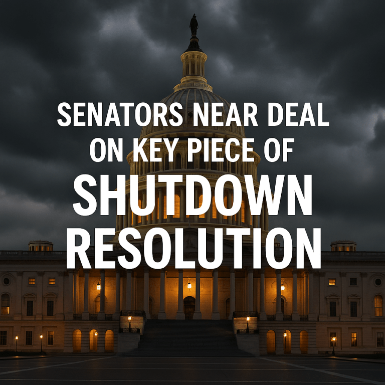U.S. Capitol building under stormy sky at dusk with headline text reading “Senators Near Deal on Key Piece of Shutdown Resolution.”