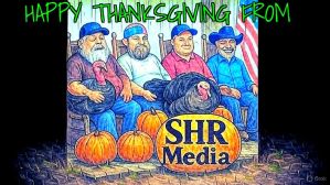 Illustration of the SHR Media hosts sitting in rocking chairs with turkeys and pumpkins in front of them, with the text Happy Thanksgiving From above and the SHR Media logo displayed on a pumpkin.