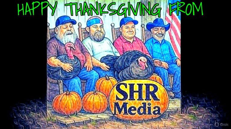 Illustration of the SHR Media hosts sitting in rocking chairs with turkeys and pumpkins in front of them, with the text Happy Thanksgiving From above and the SHR Media logo displayed on a pumpkin.