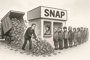 Hand-drawn editorial cartoon showing a small SNAP office in the center, with people lined up on the right receiving benefits and a man in a suit shoveling cash from a truck into the back of the office on the left. Caption: Illustration representing the Cloward/Piven strategy—lines of benefit recipients on one side of a SNAP office, and taxpayer money being shoveled in from the other.