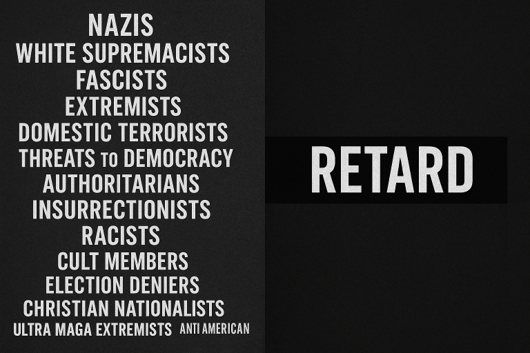 Political slurs listed on one side and a censored word on the other symbolizing the double standard in acceptable speech