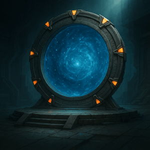 Ancient Stargate standing on a stone platform with glowing orange chevrons and a blue event horizon swirling inside.