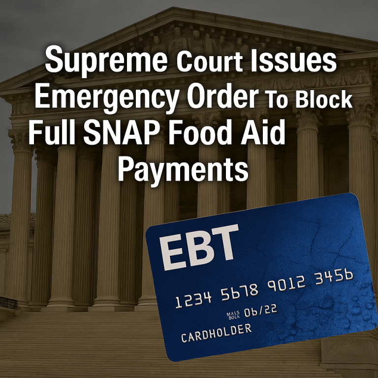 Exterior of the U.S. Supreme Court with an EBT card overlay representing food aid and SNAP benefits.