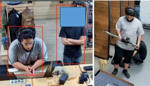 FBI surveillance stills from the criminal complaint showing two Michigan terror-plot suspects at a local gun range handling and inspecting AR-15-style rifles.