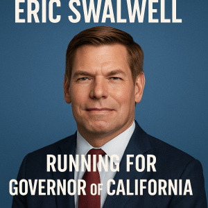 Eric Swalwell portrait with headline announcing his run for governor of California.