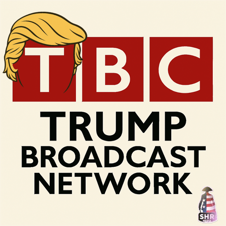 TBC Trump Broadcast Network parody logo with Trump-style hair over the T and SHR Media branding in the corner.