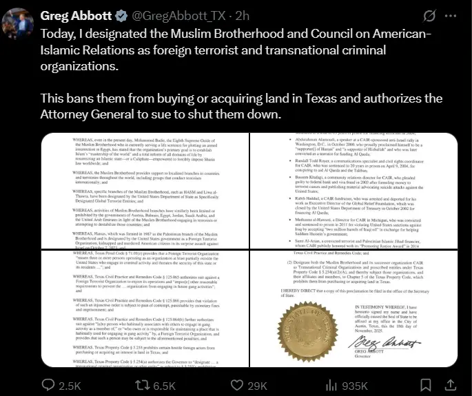 Screenshot of a tweet posted by Texas Governor Greg Abbott stating that he designated the Muslim Brotherhood and CAIR as foreign terrorist and transnational criminal organizations, with attached images of the official proclamation.