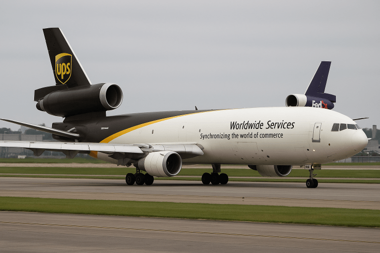 UPS and FedEx MD-11 cargo planes grounded on tarmac under cloudy skies after Kentucky crash.