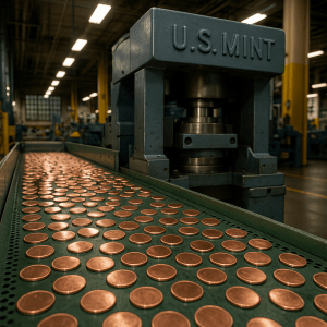 Rows of shiny copper pennies move along a conveyor toward a large coin press at the U.S. Mint in Philadelphia during the final production run of the 1-cent coin in 2025.