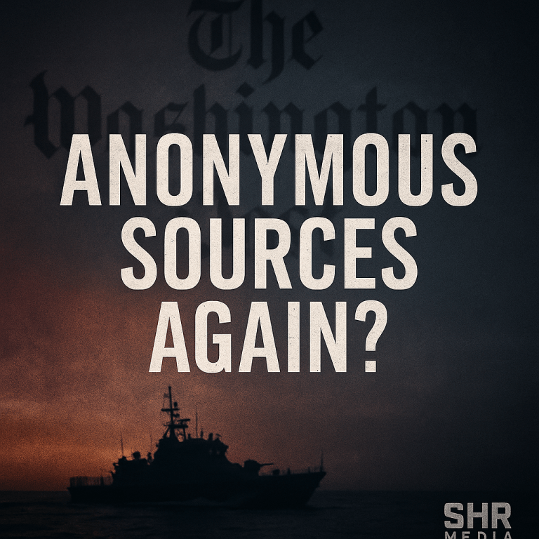 “Op-ed feature image showing the phrase ‘Anonymous Sources Again?’ over a dark newspaper-style background with a silhouette of a military vessel and SHR Media branding.”