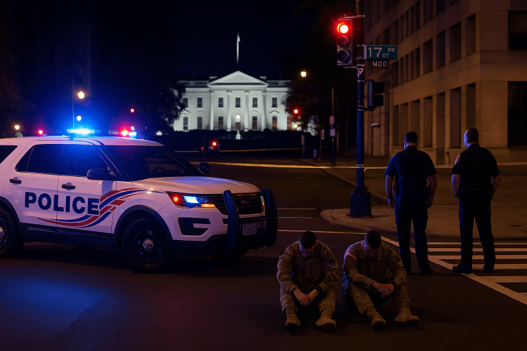 Police and National Guard members at a crime scene near the White House after two West Virginia Guard soldiers were shot and killed.