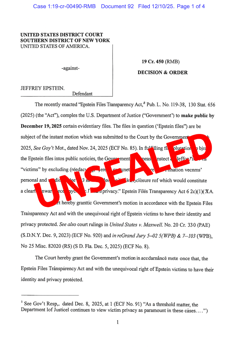 Federal court order unsealing Jeffrey Epstein grand jury materials dated December 10 2025 with red UNSEALED stamp.