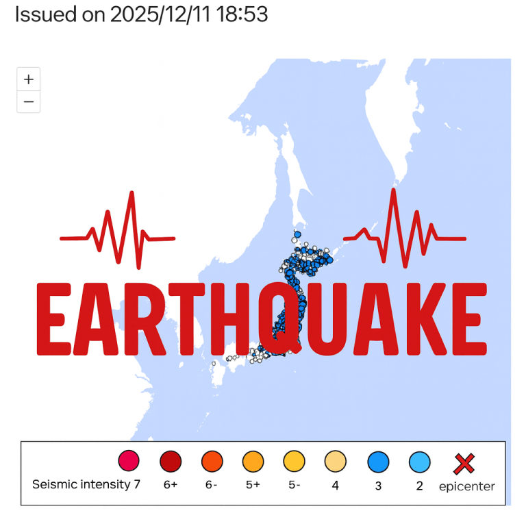 Earthquake intensity map of Japan issued December 11, 2025, with an epicenter marked off the east coast of Aomori Prefecture and the word “EARTHQUAKE” in red with seismic wave lines.