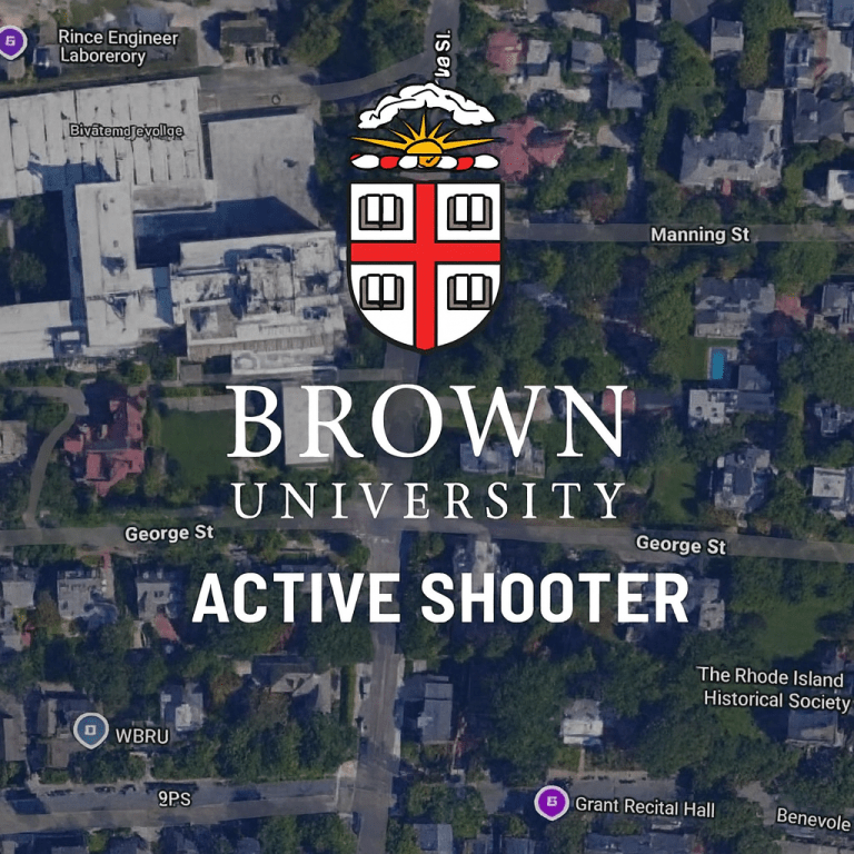 Aerial map of Brown University near Barus and Holley with text reading “Active Shooter,” illustrating the area affected by an active police response.