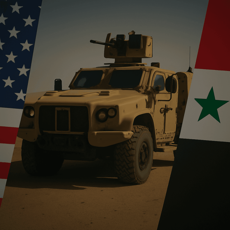 U.S. Army JLTV positioned between American and Syrian flags in the Syrian desert following deadly attack on U.S. personnel