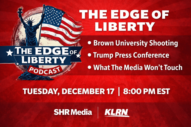 The Edge of Liberty podcast broadcast graphic for December 17, 2025 featuring topics including the Brown University shooting, Trump press conference analysis, and media coverage gaps