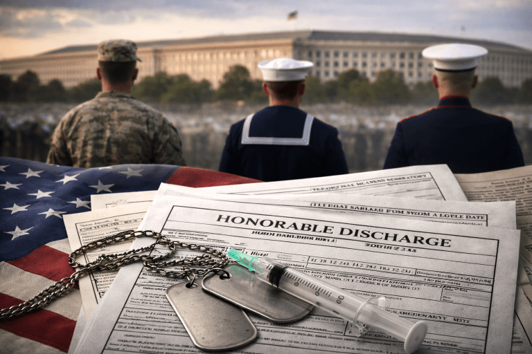 Military discharge paperwork with dog tags and a medical syringe in the foreground as U.S. service members stand facing the Pentagon