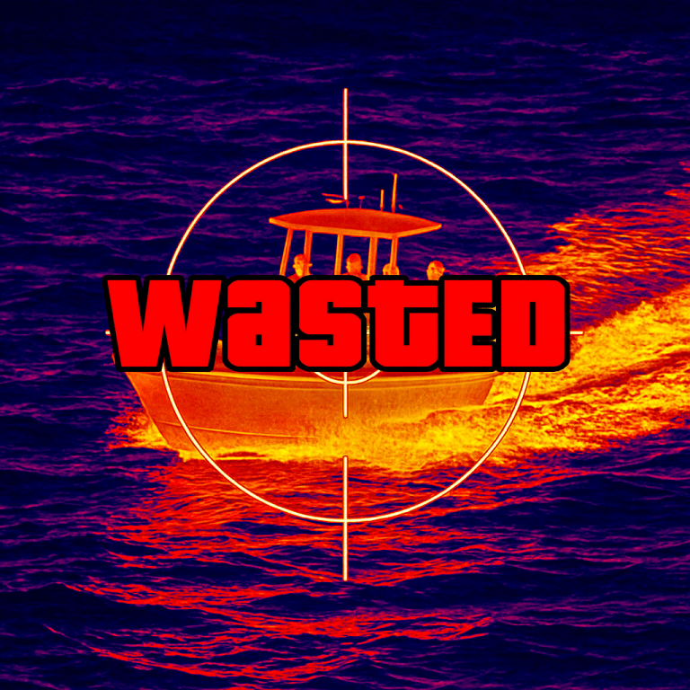 Thermal camera image of a fast boat on the water with a visible target reticle and a bold red WASTED overlay.