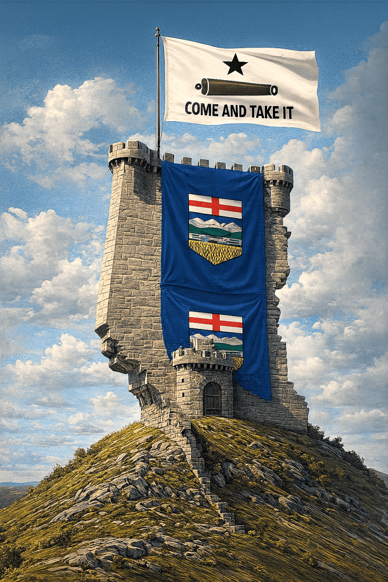 Illustration of a stone fortress shaped like Alberta with a Come and Take It flag on top and the Alberta provincial flag hanging down the front.