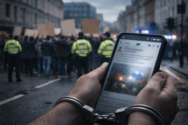 Handcuffed hands holding a smartphone with a blurred social media post as police monitor a street protest in a British city.