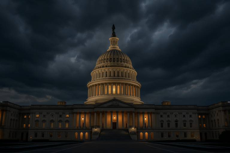 Storm clouds gather over the U.S. Capitol, symbolizing GOP warning signs ahead of the 2026 midterms.