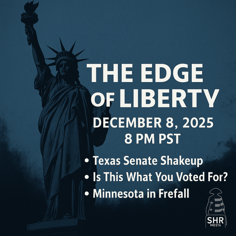 The Edge of Liberty podcast show promo for December 8 2025 featuring the Statue of Liberty silhouette and segment topics Texas Senate Shakeup Is This What You Voted For and Minnesota in Freefall airing at 8 PM PST