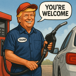 Editorial cartoon of President Trump as a gas station attendant filling a car with gas and saying “You’re Welcome” to represent falling fuel prices.