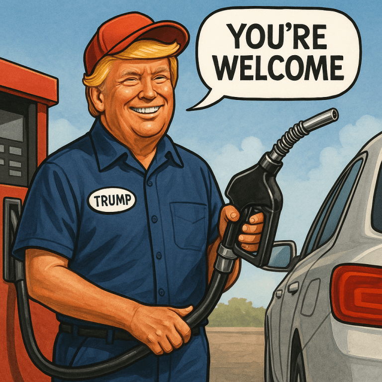 Editorial cartoon of President Trump as a gas station attendant filling a car with gas and saying “You’re Welcome” to represent falling fuel prices.
