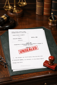 Illustration of a federal court charging document stamped unsealed on a judge’s desk