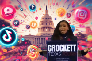 Rep. Jasmine Crockett surrounded by neon TikTok-style graphics in front of a blurred Texas Capitol, symbolizing her influencer-style Senate campaign.