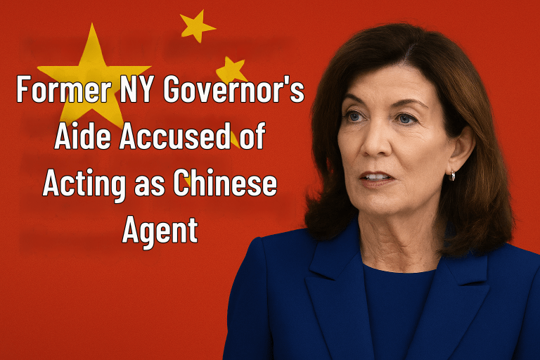 New York Gov. Kathy Hochul pictured in front of a Chinese flag background for a news story on allegations against former aide Linda Sun