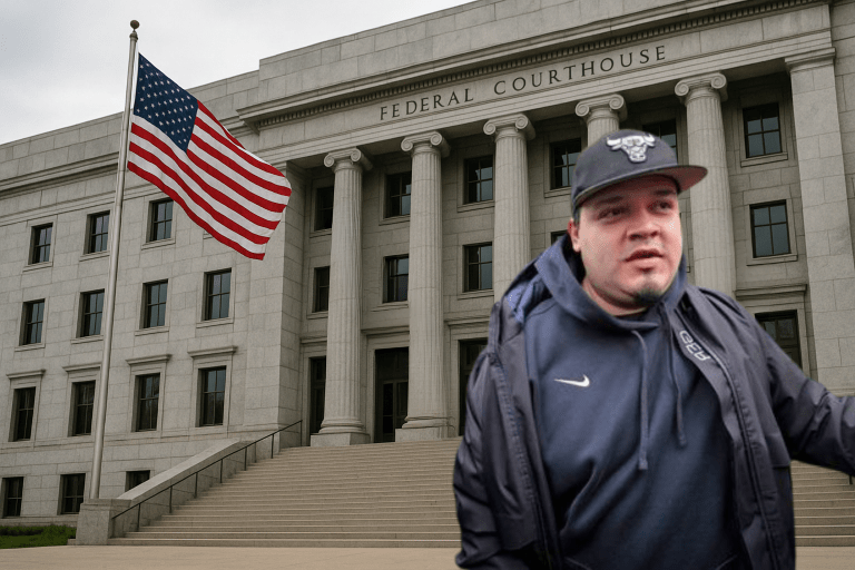 Exterior of a federal courthouse with an American flag displayed at the entrance and MS-13 member released
