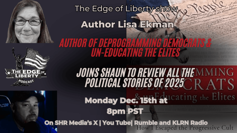 Promo image for The Edge of Liberty featuring author Lisa Ekman discussing 2025 political stories