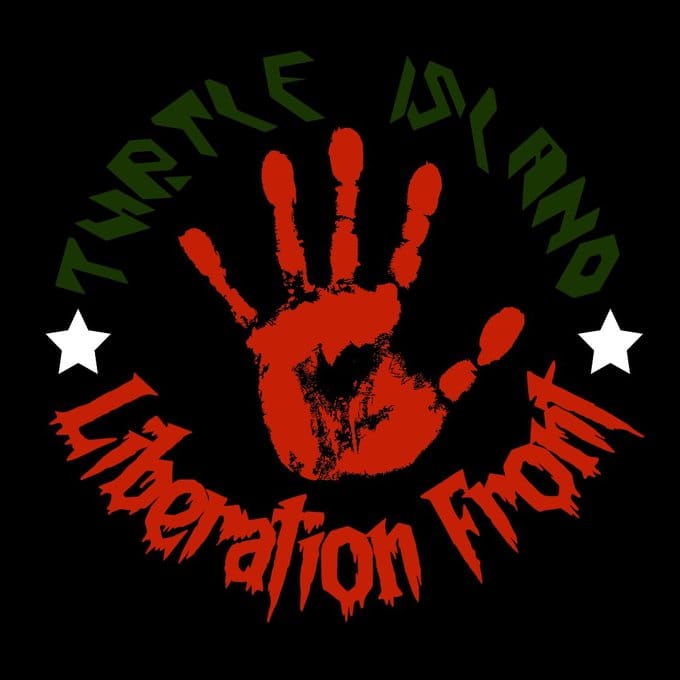 Social media graphic attributed to the Turtle Island Liberation Front showing a red handprint and the words “Turtle Island Liberation Front”